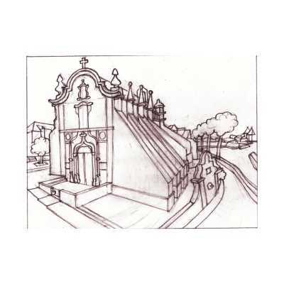 Desenho a lápis de uma igreja com fachada ornamentada e degraus largos na lateral