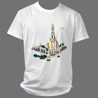 T-shirt branca com desenho colorido da Basílica de Fátima e texto 'FÁTIMA Portugal'