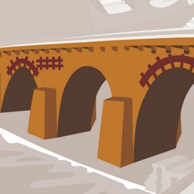 Ponte com três arcos castanhos e detalhes vermelhos escuros sobre pilares trapezoidais