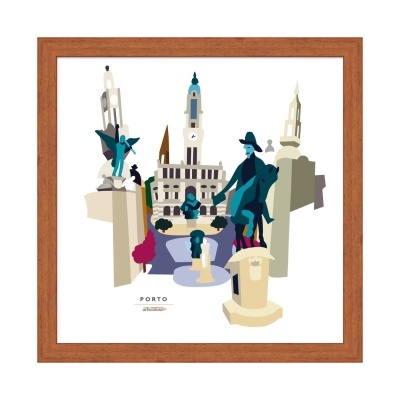 Ilustração de monumentos do Porto emoldurada em madeira