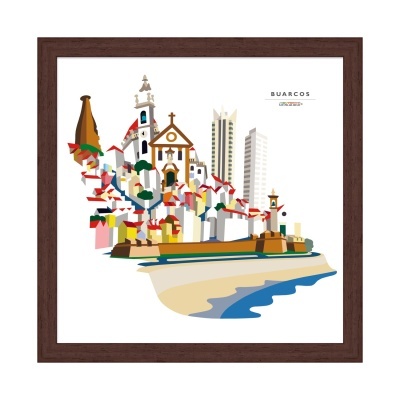 Ilustração colorida de Buarcos em quadro com moldura castanho escuro