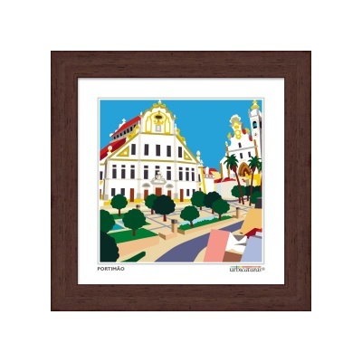 Quadro ilustrativo de edifício histórico em Portimão com moldura castanha