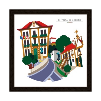 Ilustração colorida de edifícios e árvores em quadro com moldura preta