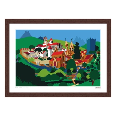 Serigrafia colorida de edifícios e natureza com moldura castanha