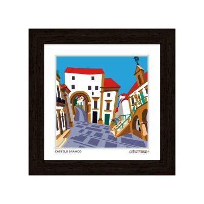 Ilustração colorida de rua em Castelo Branco com moldura escura