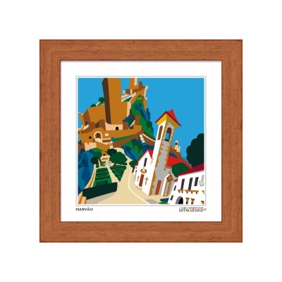 Imagem gráfica emoldurada de cenário arquitetónico colorido com a palavra MARVÃO