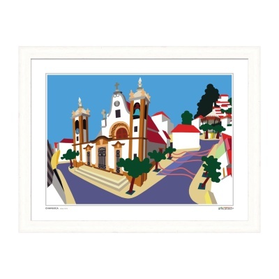 Ilustração colorida de igreja e rua com árvores e casas, emoldurada