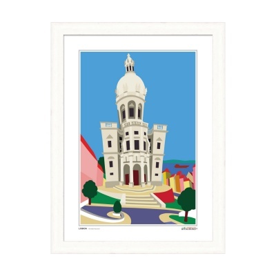 Gravura colorida de edifício histórico com moldura branca