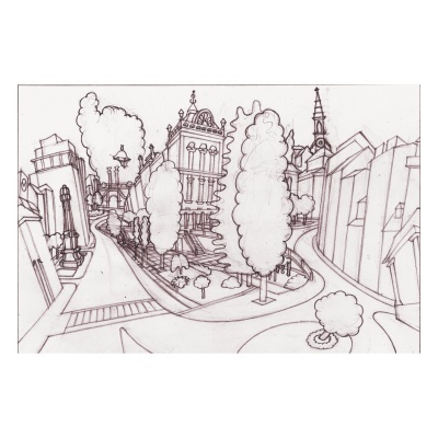 Desenho a preto e branco de uma rua com edifícios e árvores em estilo esboço