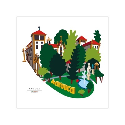Ilustração de arquitetura e jardins de Arouca com texto