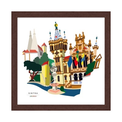 Ilustração colorida de monumentos históricos de Sintra em moldura de madeira