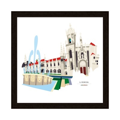 Ilustração emoldurada da cidade de Lisboa com fonte e edifícios vermelhos