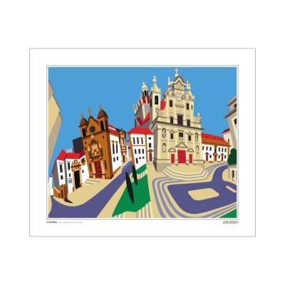 Ilustração de praça com igreja grande e edifícios históricos ao redor