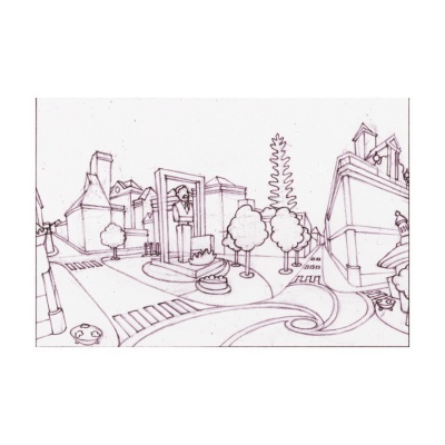 Desenho a lápis de uma paisagem urbana com edifícios e árvores