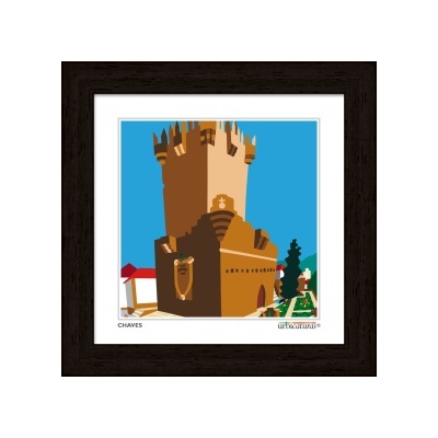 Quadro com ilustração de torre castelo castanha estilizada e fundo azul
