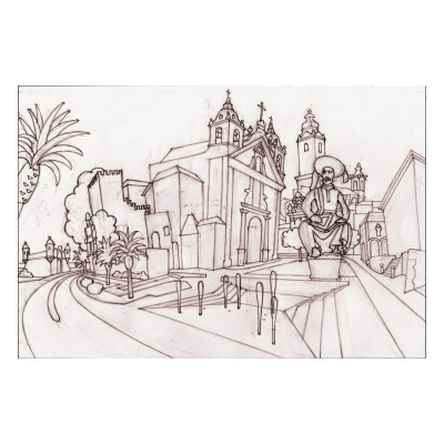 Desenho a lápis de uma estátua sentada e edifícios antigos com árvores e estrada curva.