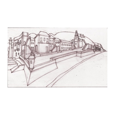 Desenho a lápis de edifícios históricos com muralha e escadaria