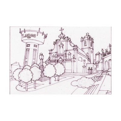 Desenho preto e branco de paisagem urbana com torre, edifício histórico e árvores