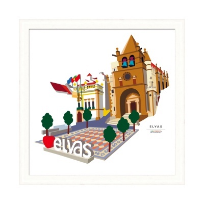Ilustração de monumento histórico em Elvas com texto I coração Elvas