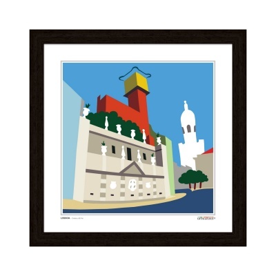 Ilustração colorida de edifícios de Lisboa com moldura preta