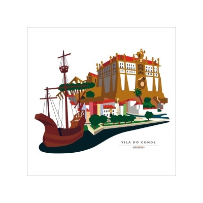 Ilustração digital de castelo e navio em Vila do Conde