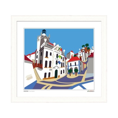 Ilustração colorida de edifícios com telhados vermelhos e árvores verdes.