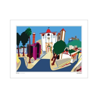 Ilustração colorida de paisagem urbana com edifícios e árvores