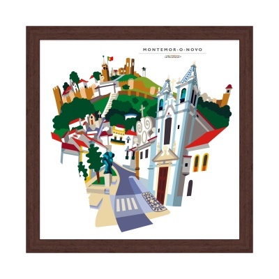 Quadro com ilustração colorida de Montemor-o-Novo e edifícios históricos