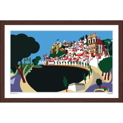 Imagem digital colorida de paisagem urbana com lago, edifícios e árvores