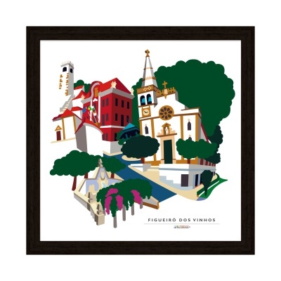 Quadro decorativo com ilustração colorida de Figueiró dos Vinhos com edifícios, árvores e igreja