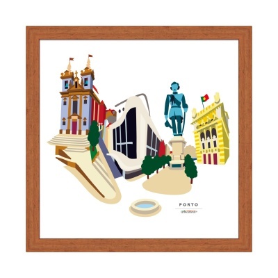 Ilustração digital de edifícios e estátua em Porto em moldura de madeira