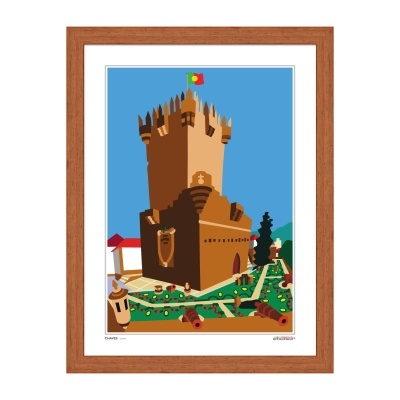 Ilustração do castelo de Chaves com moldura castanha