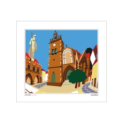 Ilustração vetorial de edifício histórico com estátua e árvore