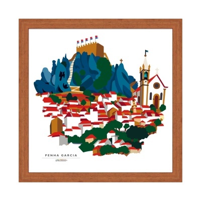 Ilustração colorida de Penha Garcia com casas, colina e igreja