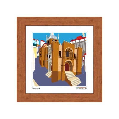 Gravura colorida de um edifício histórico em Coimbra com moldura de madeira castanha