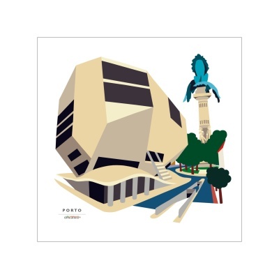 Ilustração digital de edifício moderno, estátua e árvores em Porto