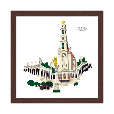 Ilustração da Basílica de Fátima com texto e moldura de madeira