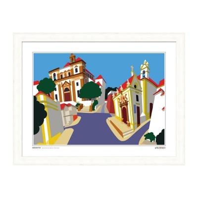 Ilustração colorida de rua histórica em moldura branca