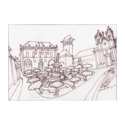 Desenho a lápis de praça com fonte e edifícios históricos ao fundo