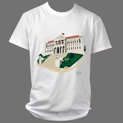 Camiseta branca com ilustração de edifício clássico e escadaria.