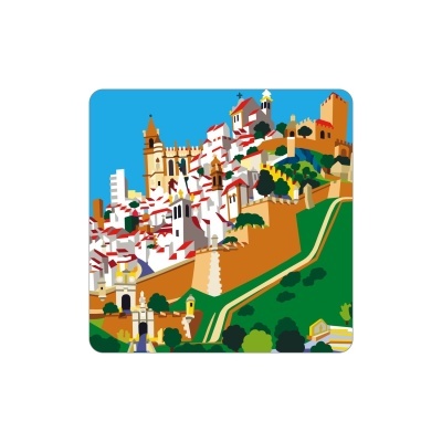 Ilustração colorida de cidade histórica com casas brancas e muros castanhos