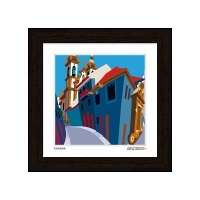 Ilustração colorida de edifícios com torre e céu azul em moldura escura