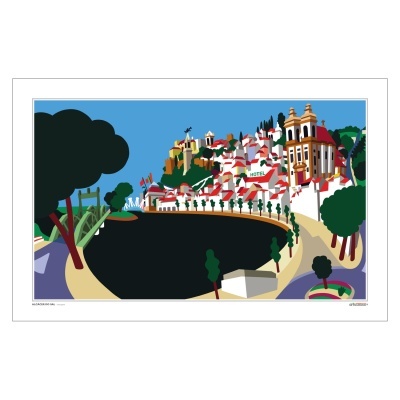 Ilustração de vila à beira de rio com edifícios e árvores