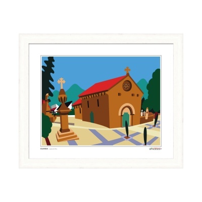 Ilustração de igreja castanha com telhado vermelho e figuras humanas numa paisagem com árvores e montanhas