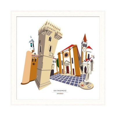 Imagem gráfica colorida de edifícios históricos de Estremoz