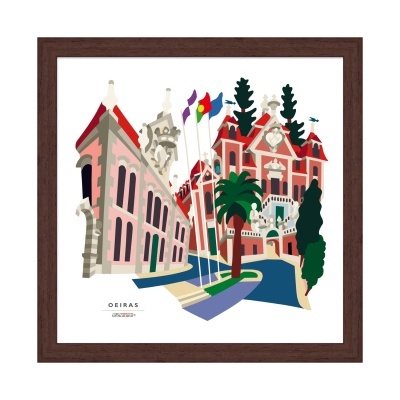 Ilustração decorativa de edifícios históricos de Oeiras com moldura de madeira castanha.