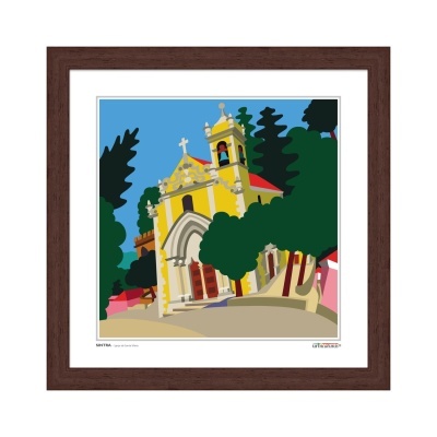 Ilustração emoldurada de igreja amarela com árvores numa paisagem sob céu azul