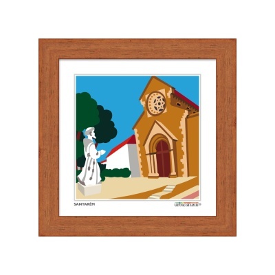 Moldura de madeira castanha com ilustração colorida da Igreja de Santarém, estátua branca e céu azul