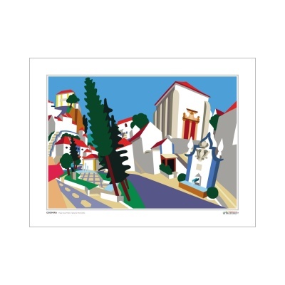 Imagem gráfica com paisagem urbana de Coimbra e casas com telhados vermelhos