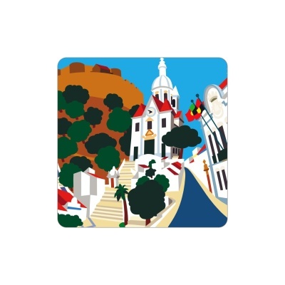 Ilustração de cenário urbano com edifícios brancos, telhados vermelhos, árvores verdes e colina castanha.